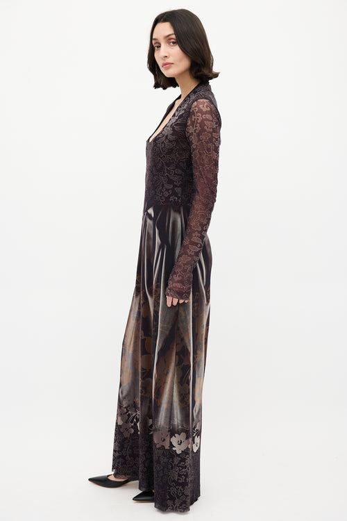 Jean Paul Gaultier Fuzzi Black & Multi Mesh Floral Maxi Dress