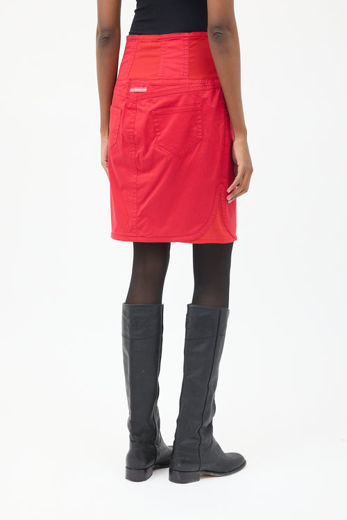 Jean Paul Gaultier Red Denim & Mesh High Waist Skirt