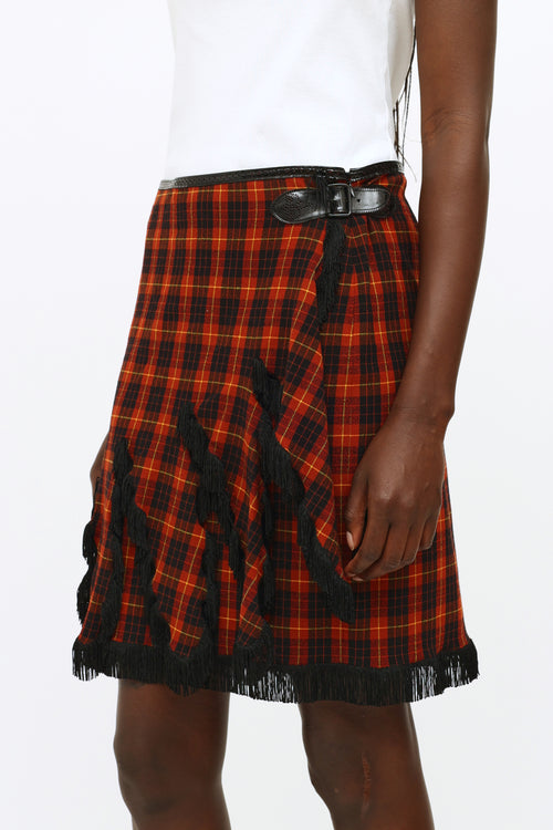 Jean Paul Gaultier Burgundy & Black Plaid Fringe Skirt