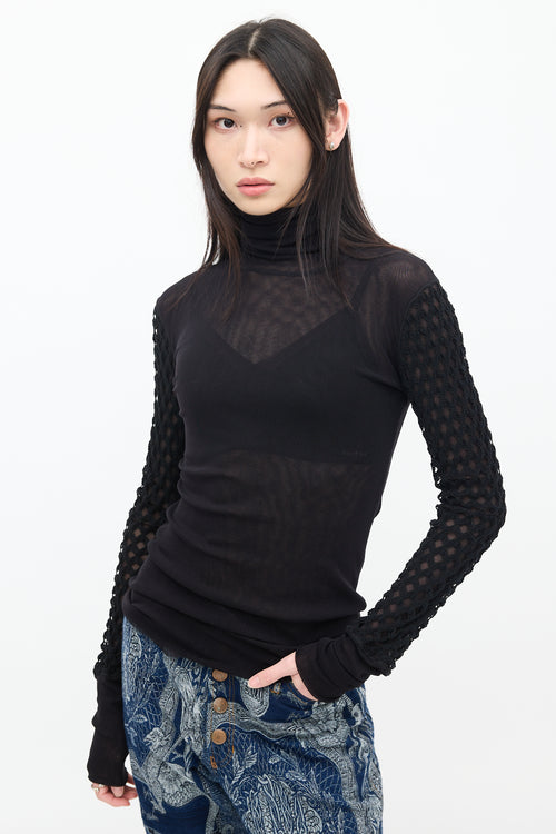 Jean Paul Gaultier Soleil Black Mesh Layered Turtleneck Top