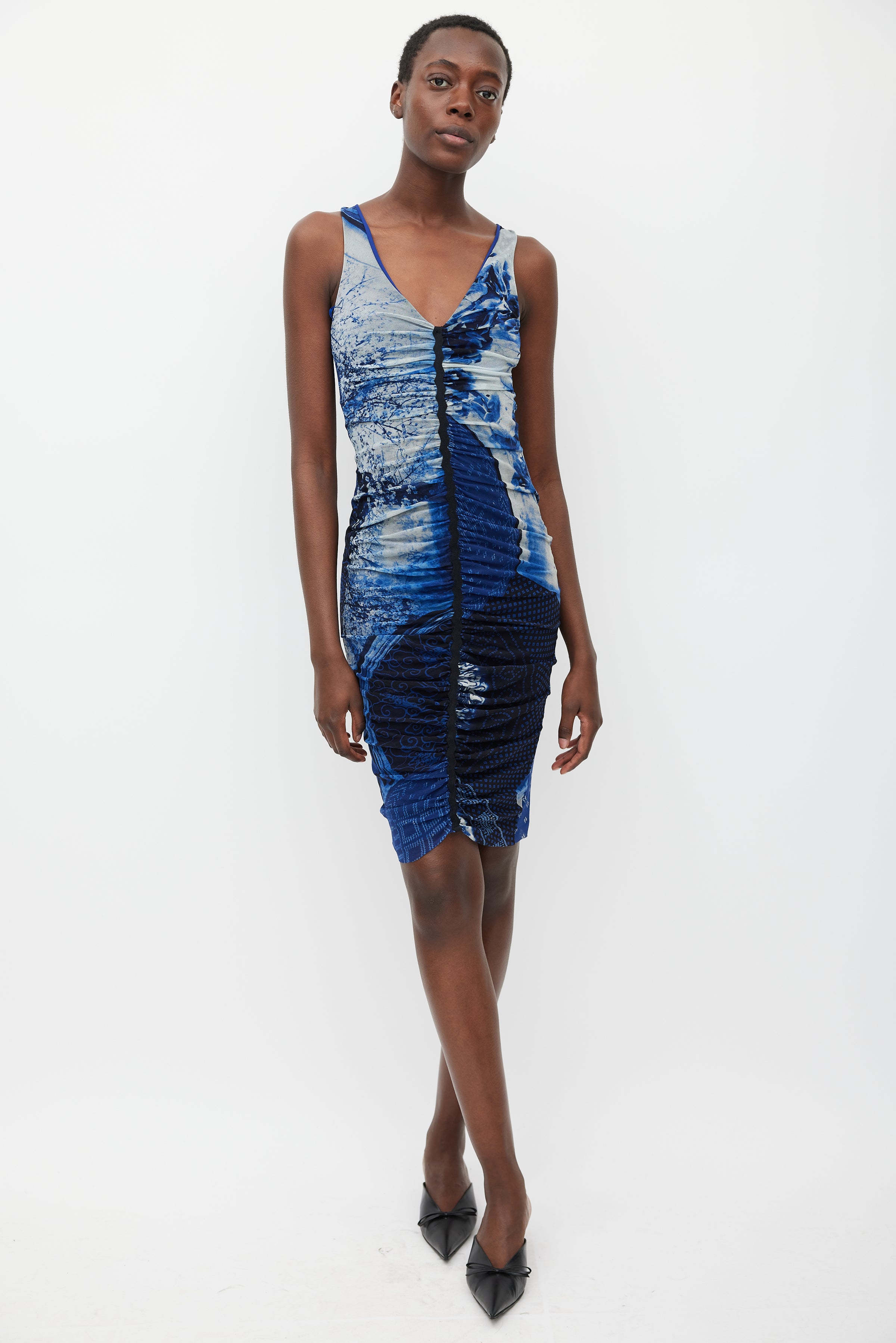 Jean Paul Gaultier // Soleil Blue & Black Mesh Printed Dress VSP Consignment Jean Paul Gaultier // Soleil Blue & Black Mesh Printed Dress VSP Consignment