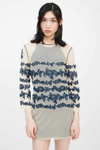 Jean Paul Gaultier X La Perla Beige & Navy Floral Mesh Dress