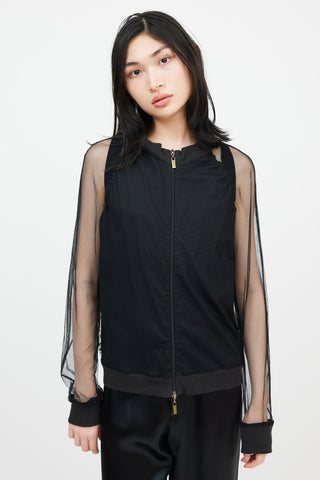 Jean Paul Gaultier Jean's Black Mesh Logo Ruffle Bomber Jacket