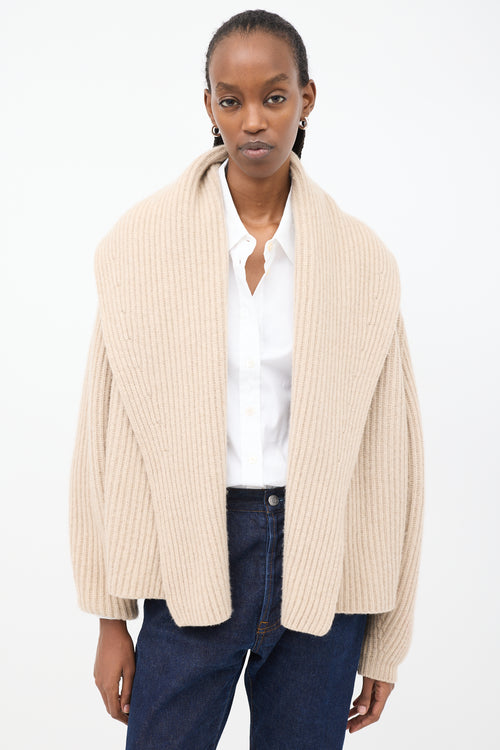 Jil Sander Beige Cashmere Wide Shawl Collar Cardigan