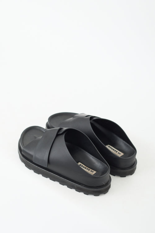 Jil Sander Black Leather Velcro Strap Slide