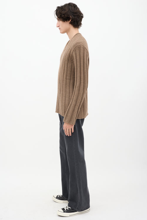 Jil Sander Brown Cashmere Ribbed Knit V-Neck Sweater