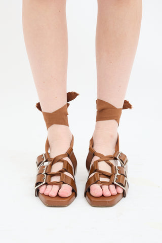 Jil Sander Brown Leather Buckled Lace Up Sandal