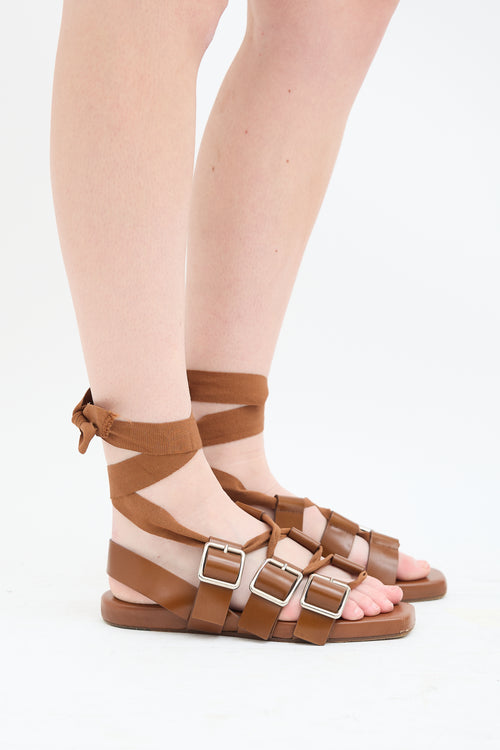 Jil Sander Brown Leather Buckled Lace Up Sandal