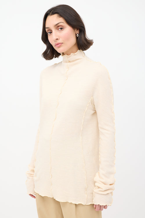 Jil Sander Cream Wool Lettuce Edge Mock Neck Top