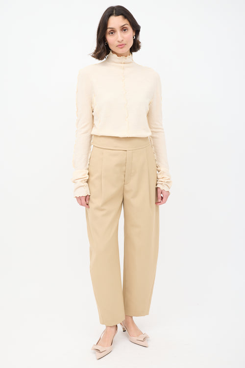 Jil Sander Cream Wool Lettuce Edge Mock Neck Top