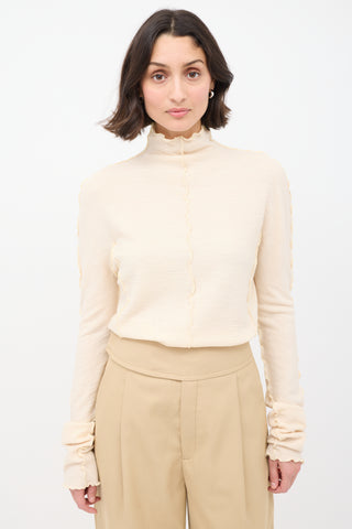 Jil Sander Cream Wool Lettuce Edge Mock Neck Top