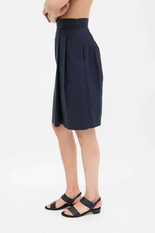 Jil Sander Navy Cotton Pleated Pencil Skirt