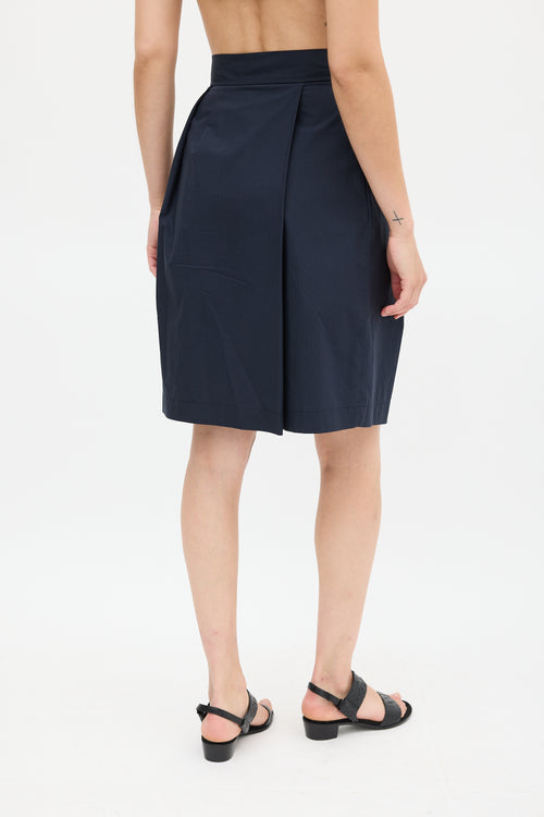Jil Sander Navy Cotton Pleated Pencil Skirt