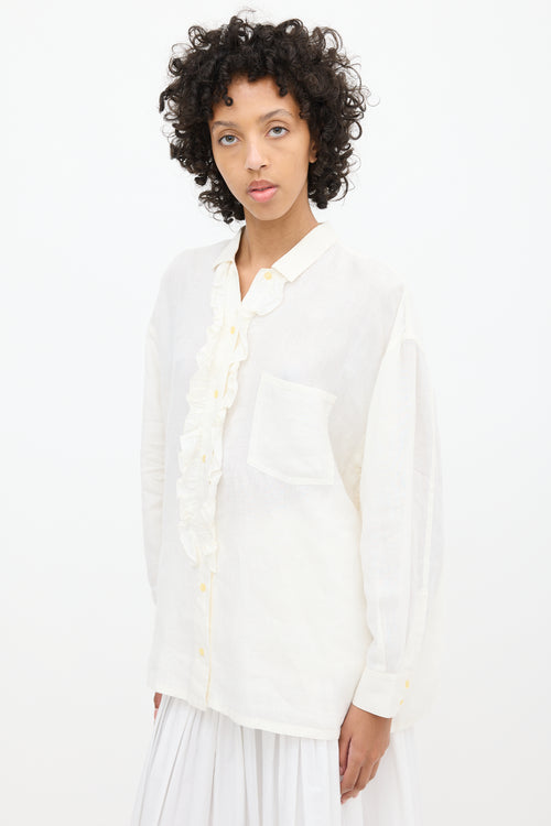 Jil Sander White Linen Semi Sheer Ruffled Shirt