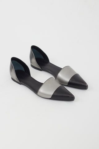 Jil Sander Black and Silver Leather D'Orsay Flat