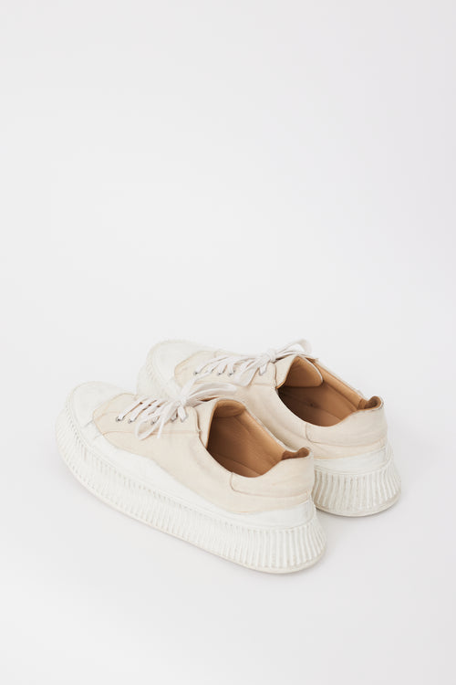 Jil Sander Beige & White Canvas & Rubber Platform Sneaker