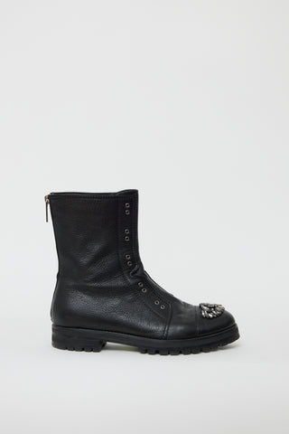 Jimmy Choo Black Leather Hatcher Jewel Combat Boot