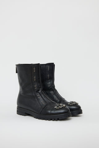 Jimmy Choo Black Leather Hatcher Jewel Combat Boot