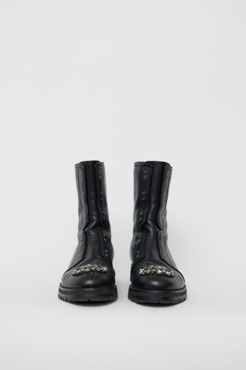 Jimmy Choo Black Leather Hatcher Jewel Combat Boot