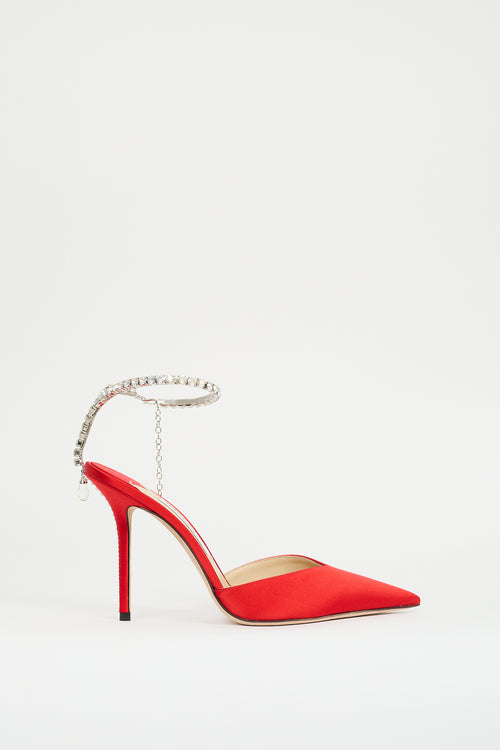 Jimmy Choo Red Satin Crystal Saeda 100 Pump