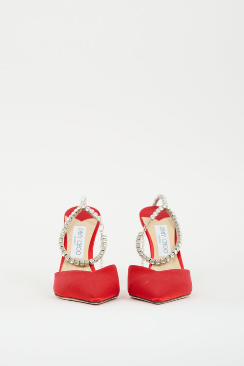 Jimmy Choo Red Satin Crystal Saeda 100 Pump