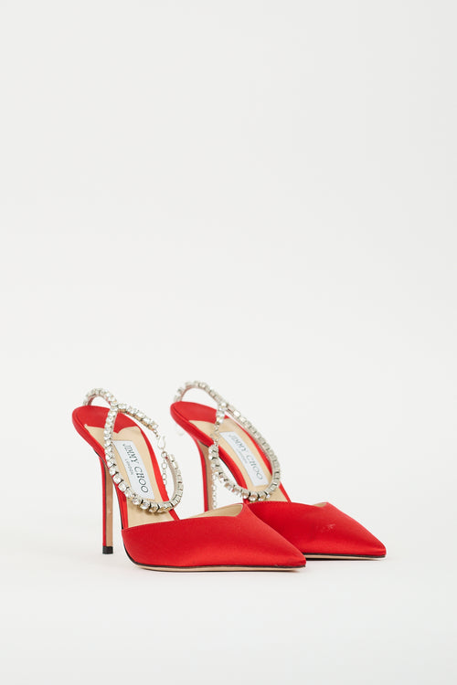 Jimmy Choo Red Satin Crystal Saeda 100 Pump