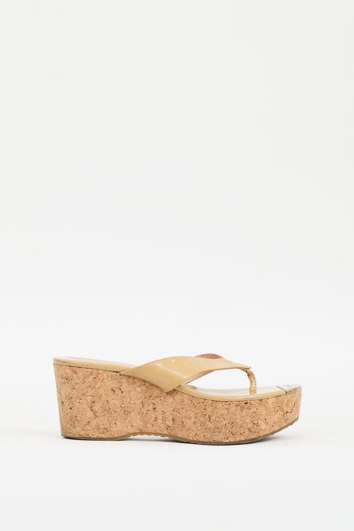 Jimmy Choo Beige Patent & Cork Pathos Wedge Sandal