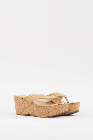 Jimmy Choo Beige Patent & Cork Pathos Wedge Sandal