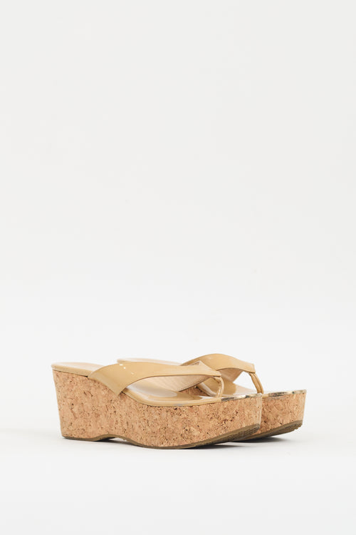 Jimmy Choo Beige Patent & Cork Pathos Wedge Sandal