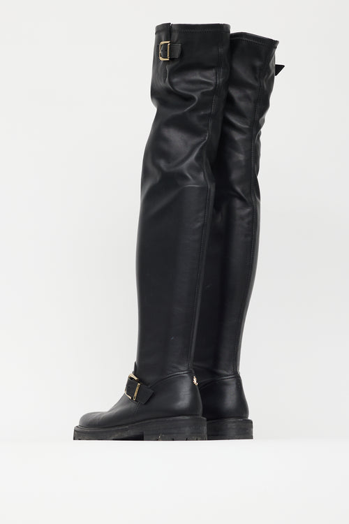 Jimmy Choo Black Leather Gold Buckle Knee High Boot