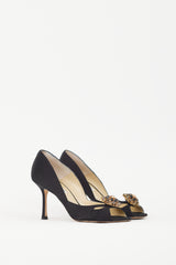 Jimmy Choo Black Satin & Gold Brooch Piazza Pump