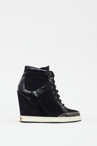 Jimmy Choo Black Suede & Patent Leather Wedge Sneaker
