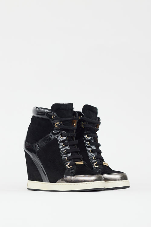 Jimmy Choo Black Suede & Patent Leather Wedge Sneaker