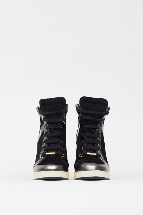 Jimmy Choo Black Suede & Patent Leather Wedge Sneaker