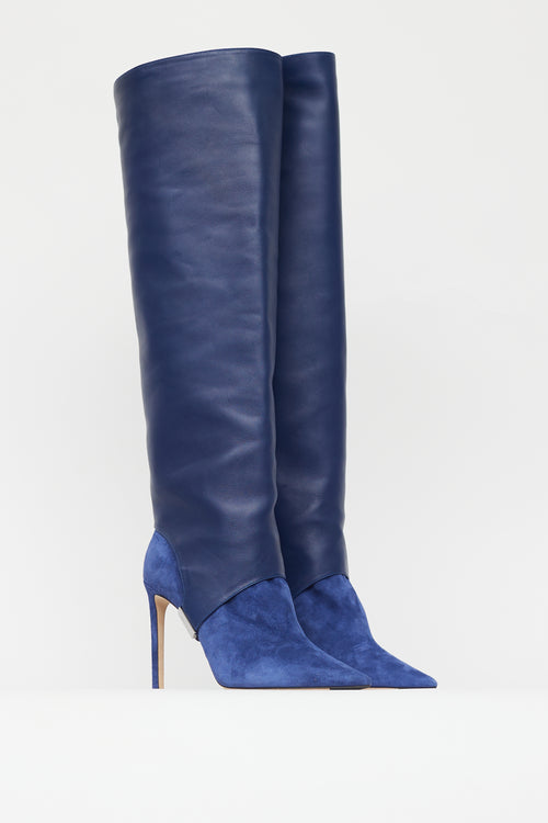 Jimmy Choo Navy Leather & Suede Convertible Knee High Boot