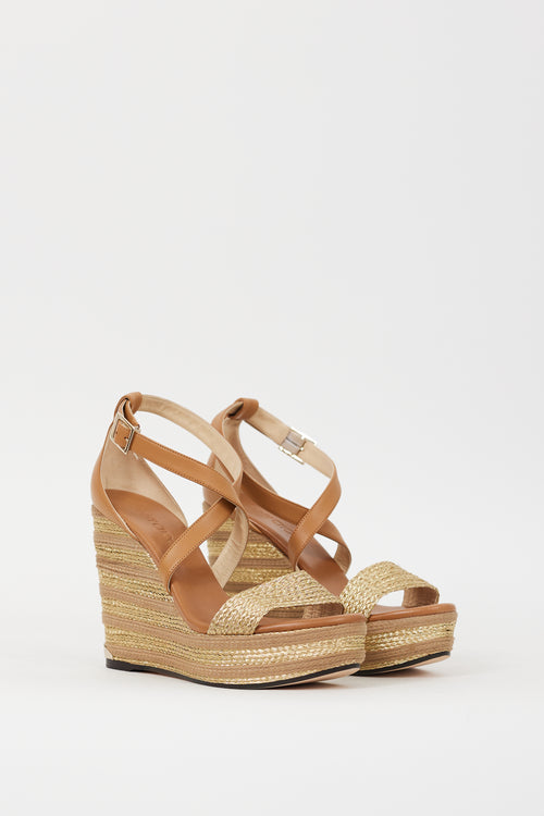 Jimmy Choo Brown & Gold Leather Braided Portia 120 Wedge