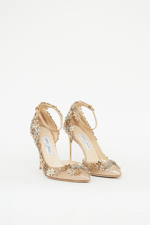 Jimmy Choo Gold Glitter Floral Embellished Pump