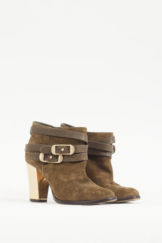 Jimmy Choo Khaki Brown & Gold Suede Wrapped Strap Bootie
