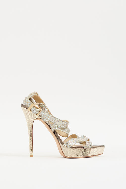 Jimmy Choo Silver & Gold Glitter Vamp Strappy Platform Heel