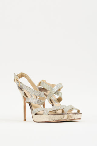 Jimmy Choo Silver & Gold Glitter Vamp Strappy Platform Heel