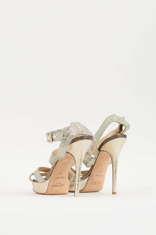 Jimmy Choo Silver & Gold Glitter Vamp Strappy Platform Heel