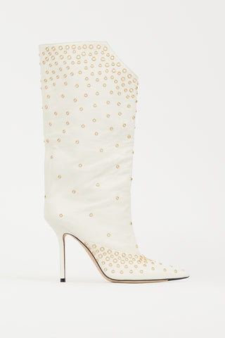 Jimmy Choo White & Gold Leather Bryndis 100 Studded Boot
