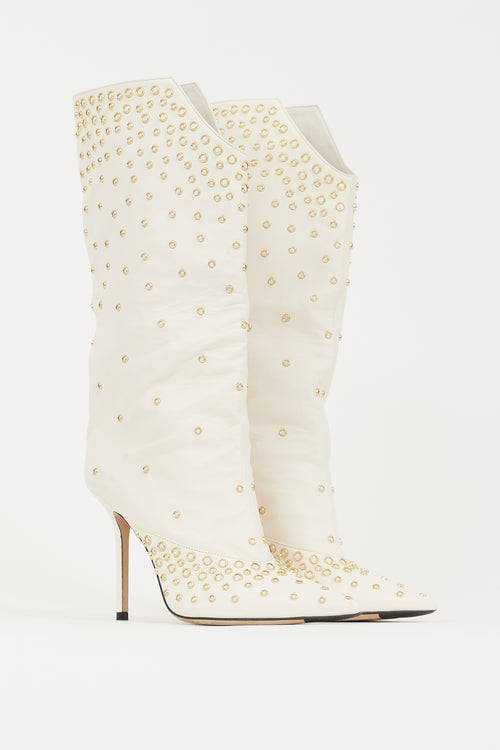 Jimmy Choo White & Gold Leather Bryndis 100 Studded Boot