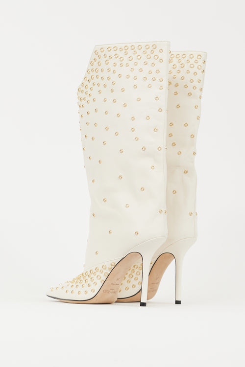 Jimmy Choo White & Gold Leather Bryndis 100 Studded Boot