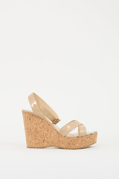 Jimmy Choo Beige Patent & Cork Portia Wedge Sandal