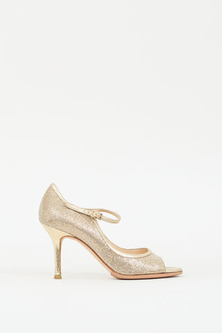 Jimmy Choo Gold Glitter & Leather Peep Toe Pump