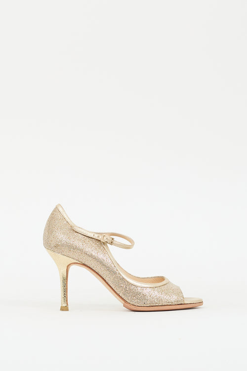 Jimmy Choo Gold Glitter & Leather Peep Toe Pump