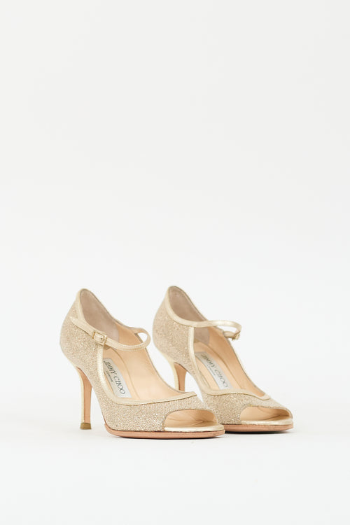 Jimmy Choo Gold Glitter & Leather Peep Toe Pump