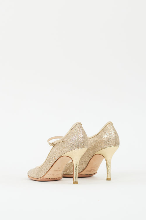 Jimmy Choo Gold Glitter & Leather Peep Toe Pump