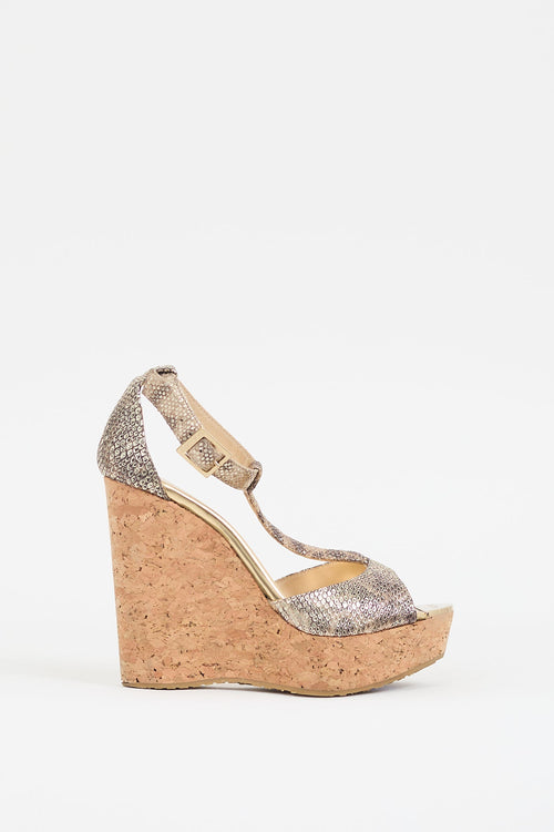Jimmy Choo Gold Leather & Cork Printed Pela Wedge Sandal